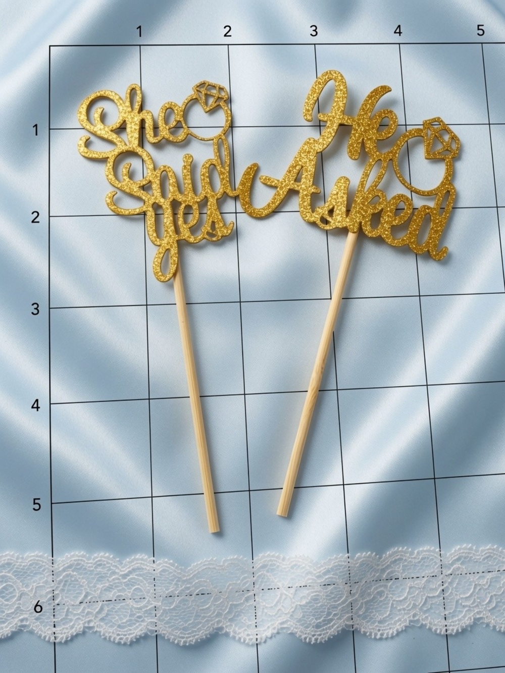 Gold 'She Said Yes' & 'He Asked' Cake Toppers - Glitter Engagement Picks